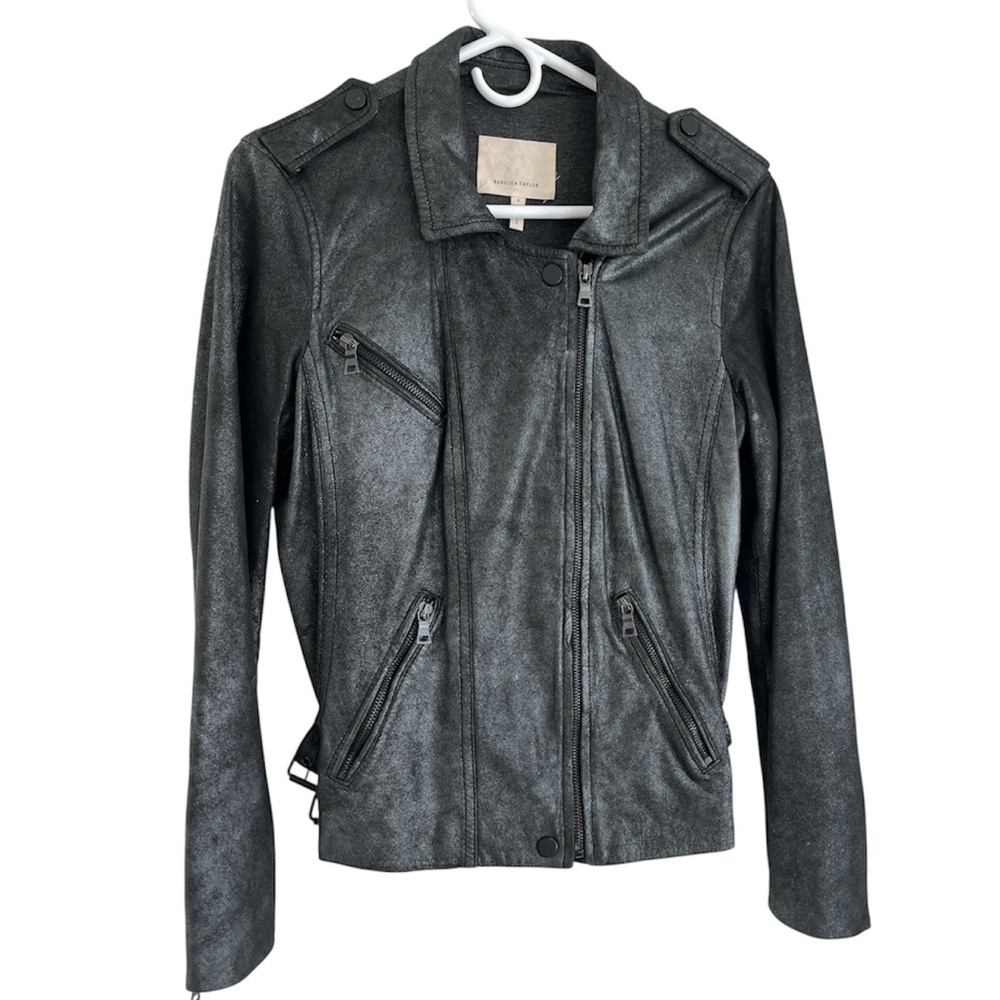 Rebecca Taylor Washed Lamb Leather Metallic Black Moto Biker Motorcycle Jacket 6